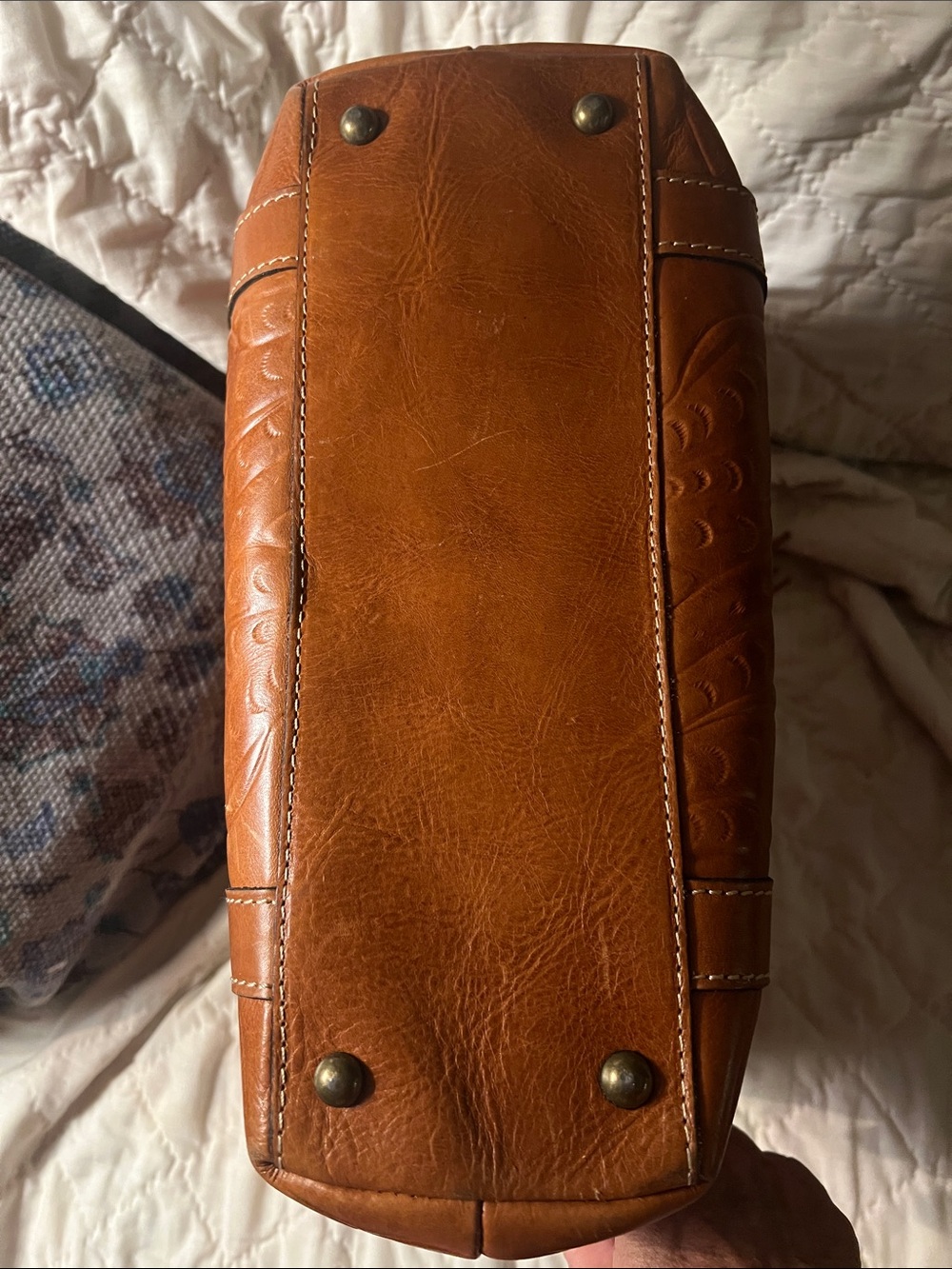 Patricia Nash Rena Burnished Brown Tooled Leather Tote Zip Top Tassels - Picture 6 of 11